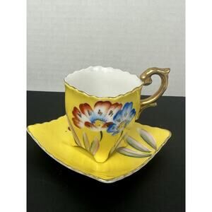 VTG Trimont Yellow Tea Cup and Saucer Hand Painted Floral Yellow Occupied Japan